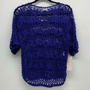 Chicos Coverup Womens Open Knit Crochet Blue Beachy Pullover Loose Boho Pool